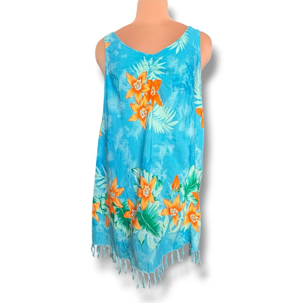Vintage White Stag Tropical Blue Batik Floral Fringe‎ Cover Up Mini Dress Rayon